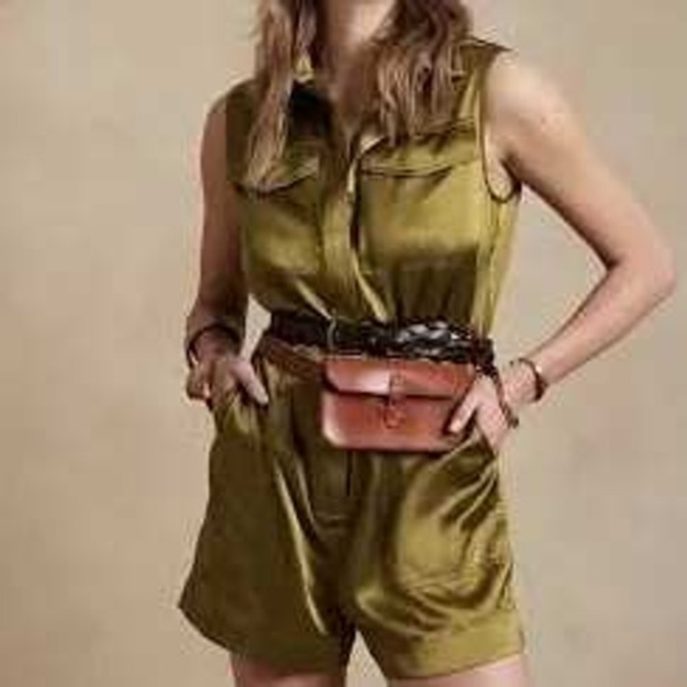 Banana Republic Silk Romper Olive Green Utility Sleeveless Button Front XS